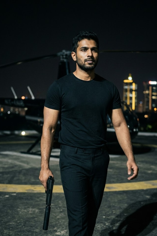 Man in black outfit holding a weapon at night with city skyline in the background