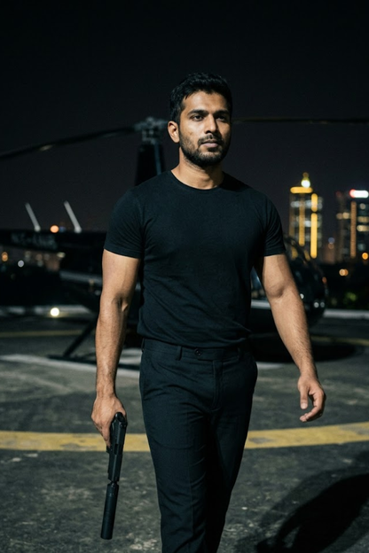Man in black outfit holding a weapon at night with city skyline in the background