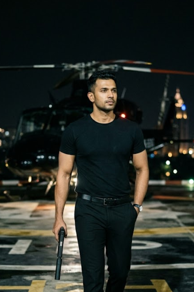 Man in black outfit holding a weapon on a helicopter pad at night