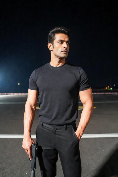 Man in black athletic wear standing on a track at night
