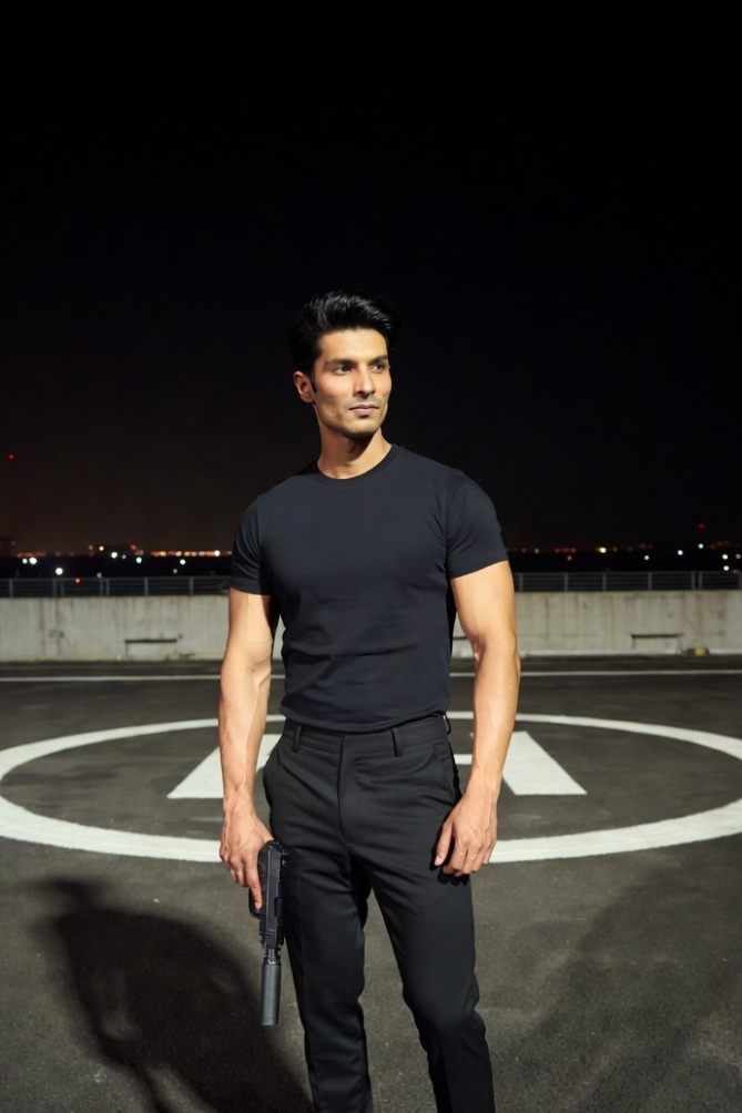 Man in black outfit standing on a rooftop at night Flemingway Pure Midnight